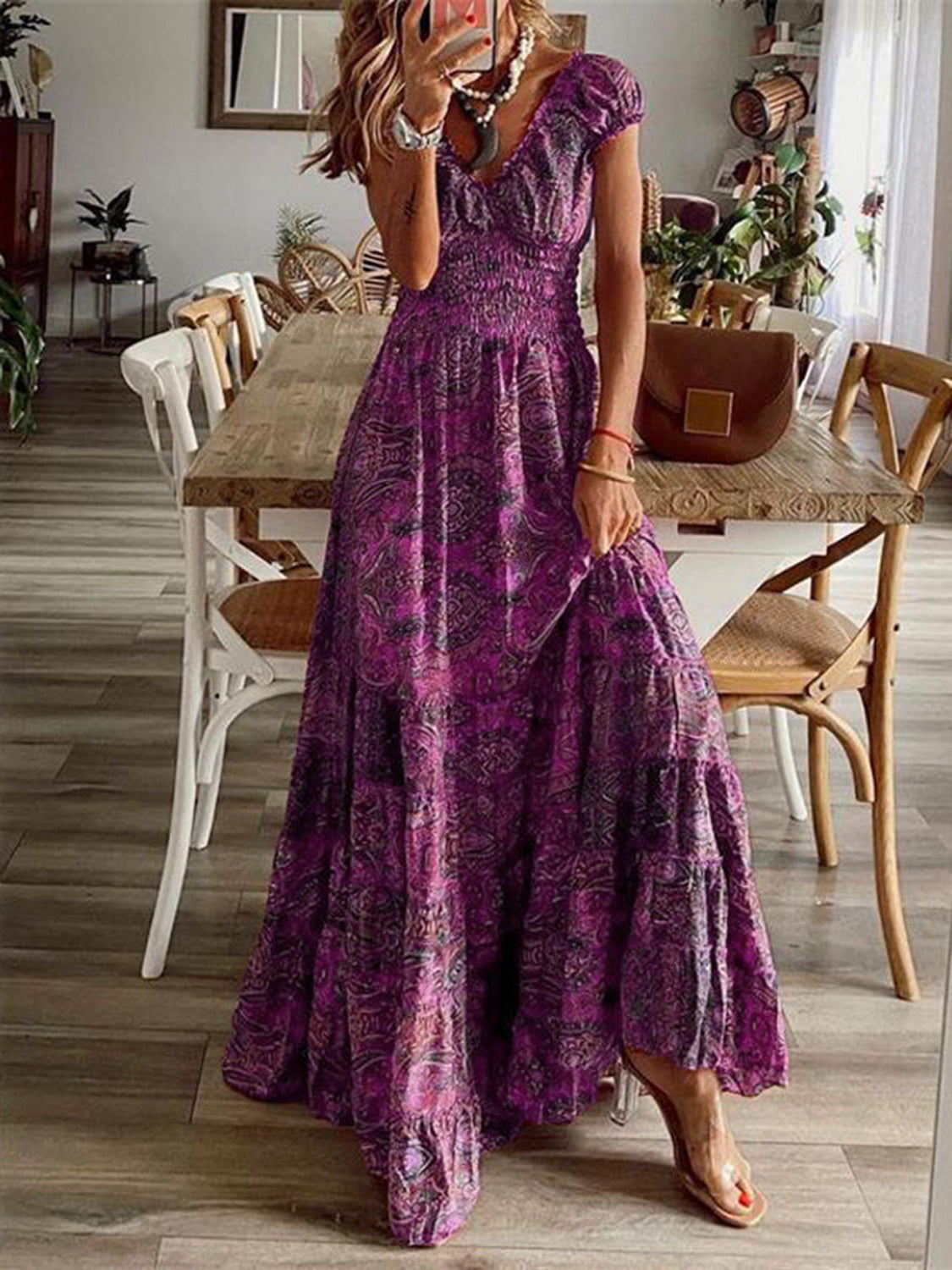 Full Size Smocked Printed V-Neck Short Sleeve Dress Full Size Smocked Printed V-Neck Short Sleeve Dress